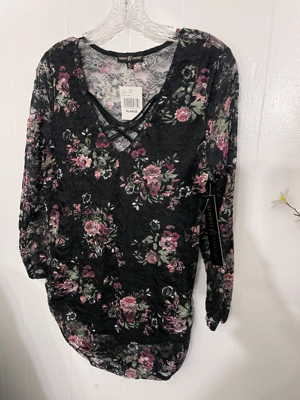 Almost Famous Black Floral Lace V-Neck Top with Crisscross